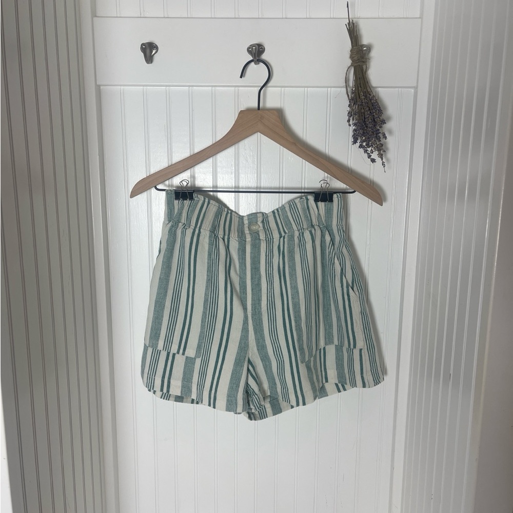 American Eagle Outfitters Green and White Striped High Waist Shorts